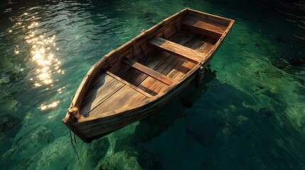 Obraz premium A wooden rowing boat gently rocks on the surface of the lake with its clear, transparent water. A peaceful, tranquil landscape.