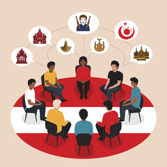 People sitting in a circle discussing various cultural symbols and traditions.