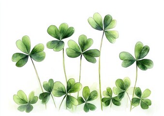 Cluster of green clover plants with four leaves each on white background illustrated with watercolor effect, evoking fresh and natural mood