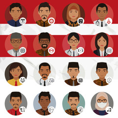 Fototapeta premium A collection of illustrated portraits of Indonesian professionals from various fields against a red and white background.