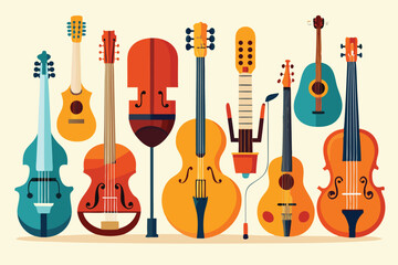 Colorful Collection of Stringed Instruments A Vibrant Display of Musical Variety in a Playful Artistic Style