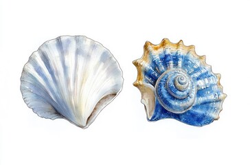 Obraz premium Two detailed seashells side by side, one white scallop shell with soft shadows, the other a blue and brown spiral shell with textured ridges, on white background