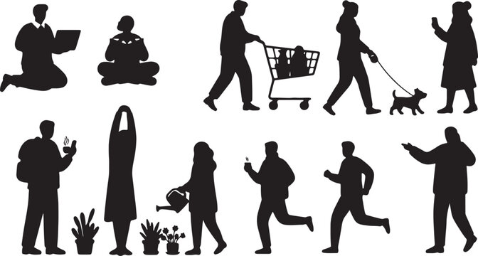 Silhouettes of people shopping, walking dogs, and gardening on white background Keywords
