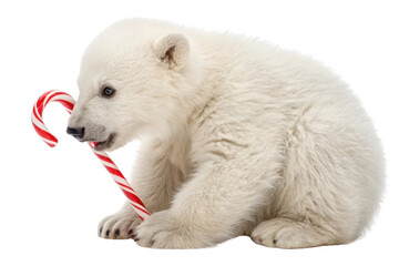 Playful polar bear cub enjoys festive candy cane, embodying joy of Christmas with its fluffy white fur and curious expression