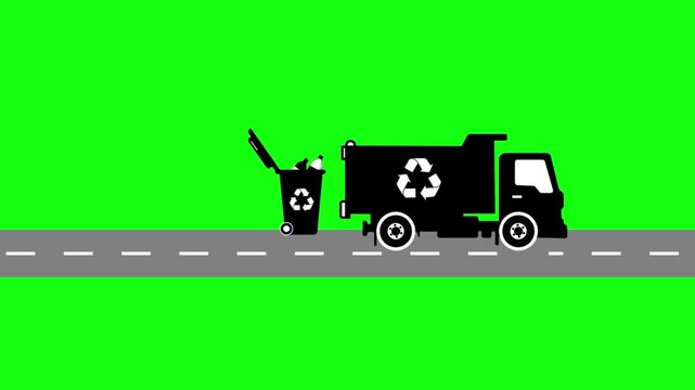 Plastic Bottle Recycling Process from Trash to Truck to Factory to New Product Flat Silhouette Animation with Green Screen Background