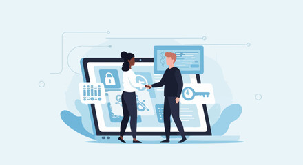 Password protection with successful handshake between two people on tablet screen. Password protection measures like encryption ensure secure access to data.