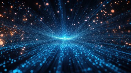 Glowing blue and orange light particles radiating outward in a dynamic, futuristic digital space evoking a sense of depth and motion