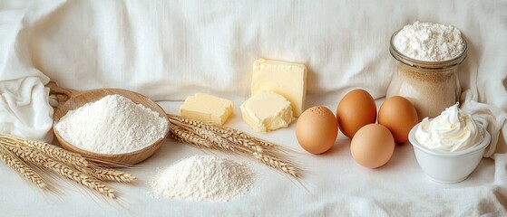 Baking ingredients including flour, eggs, butter, cream, and wheat ears arranged on a light fabric background, creating a warm and calm atmosphere