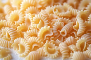 Close-up view of uncooked radiatori pasta with textured ridges and curvy shapes in warm natural light