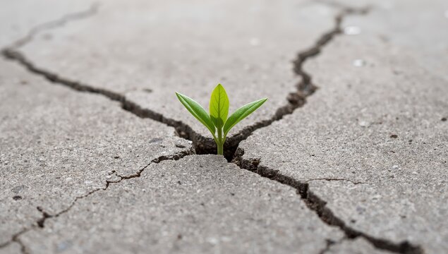 A green sprout overcomes cracked concrete, symbolizing hope, growth, and resilience.