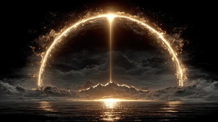 Glowing Golden Halo over Dark Water and Clouds