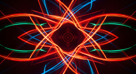 Symmetrical Light Trails in Abstract Art: Exploring the Dance of Red, Blue, and Green Hues on Black Canvas