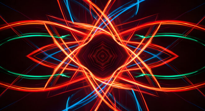 Symmetrical Light Trails in Abstract Art: Exploring the Dance of Red, Blue, and Green Hues on Black Canvas