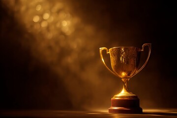 Golden trophy shines on stage with dramatic lighting and smoke