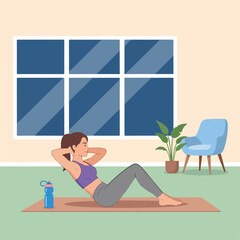 Obraz premium Young woman doing fitness at home on mat near window with bottle of water. Home fitness includes strength exercises and core workout routine. Fitness at home promotes wellness and healthy lifestyle.
