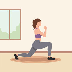 Fototapeta premium Practicing fitness at home with woman doing lunges, she demonstrates fitness at home in active wear on exercise mat. She shows dedication to fitness at home for healthy lifestyle and wellness routine.