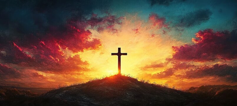 Silhouette of a cross on a hilltop against a dramatic and colorful sunrise or sunset sky with vibrant orange, yellow, and deep blue clouds