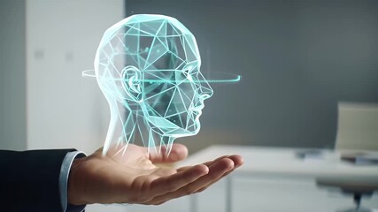 Holographic Head Held In Hand Futuristic Technology Concept Digital Ai in Dark Background Interior Office - Powered by Adobe
