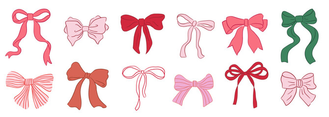 Collection of hand drawn bows, ribbons. For Christmas ornament, holiday, party decor, birthday, festive gift, presents wrapping, xmas sale, valentine and more. Vector illustration.