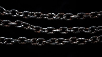 close-up of three rusty metal chains laid horizontally on a black background showing texture and corrosion