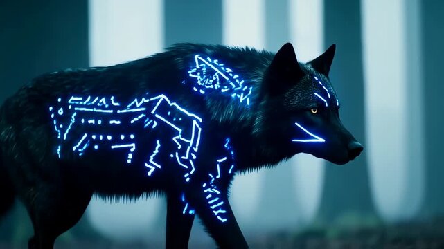 Dark wolf with glowing blue patterns in a misty forest