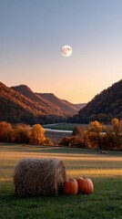 Harvest Moon Rising Over Haystack and Pumpkins in Autumn Valley