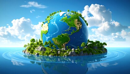 Lush Green Island Encircling Earth in Serene Ocean