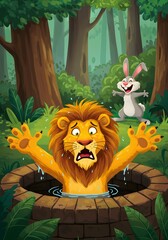 A classic fable illustration showing a clever rabbit outsmarting a foolish lion trapped in a water well in a dense forest. © Warner
