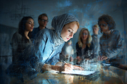 Woman in hijab writing on document in a digital overlay meeting adult background - Powered by Adobe