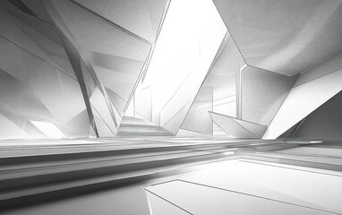 Minimalistic futuristic interior with sharp geometric shapes and large bright skylight illuminating angular architectural elements