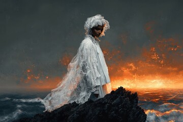 Person wearing a delicate white lace veil and cloak standing on dark rocky shore at sunset with intense orange and gray sky, evoking mood of solitude and mystery