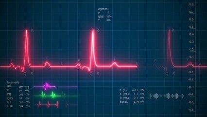 ECG with supraventricular premature beats and short paroxysms of neon atrial fibrillation, Futuristic medical interface displaying vital signs, EKG heartbeat, and glowing DNA helix concept