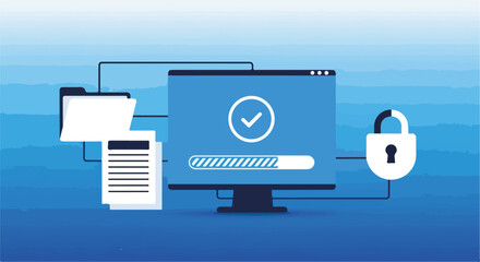Network security cloud protects files with data encryption, showing shield cyber. Network security is essential for protection and access,