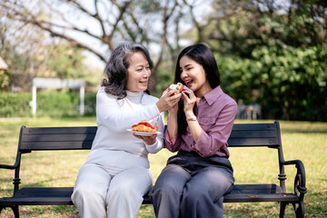 Asian Women Enjoying Pastry in Park with Older Woman Generously Sharing Treats Sweet Moment of Joyful Connection and Delicious Food Outdoors