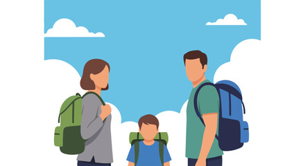 Family trip with backpacks, ready for adventure with mother, father, and son. Concept of family trip and outdoor activities. This family trip represents happy bonding and shared experiences,