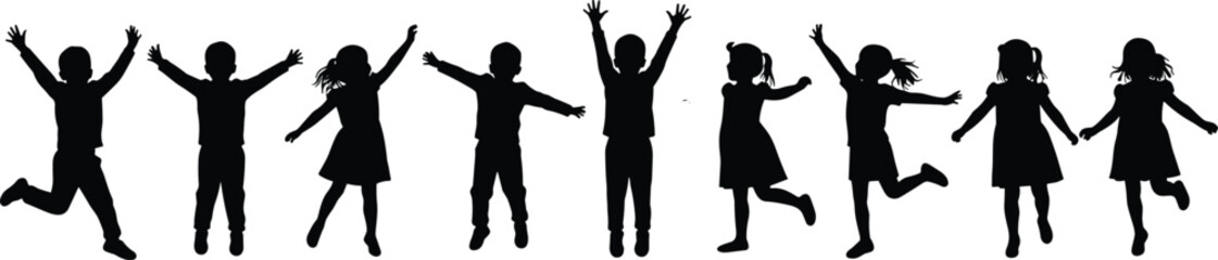 Joyful Children Jumping in Silhouette, Kids Holding Hands and Playing, Fun Outdoor Scene, Happy Childhood Moments, Black and White Vector Art