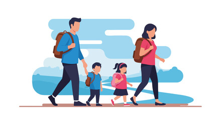 Family trip illustration showcases parents with two kids enjoying scenery while walking. Family trip includes father, mother, son, and daughter with travel backpacks,