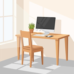 Cozy workspace with personal computer, minimalist chair, and potted plant illuminated by sunlight. Cozy workspace encourages productivity and focus, blending comfort and functionality.