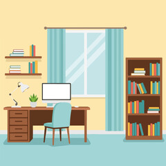 Cozy workspace setup featuring desk with computer screen and shelves with books, creating a place for creativity. Relaxing cozy workspace includes desk and chair, bookcase, and window with curtains.