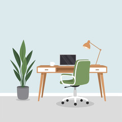 Cozy workspace with desk setup showcasing home office interior featuring laptop and lamp. Office space includes plant and chair and provides home office interior.