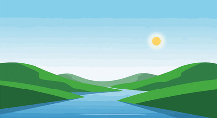 Green valley landscape with flowing river and rolling hills against light blue sky. Tranquil green valley creates serenity, with flowing waters between hills, illuminated by a bright sun.