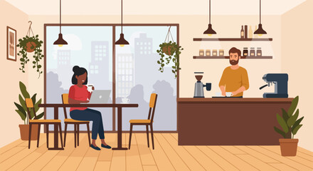 Working coffee in stylish café with young woman at table and barista behind counter. Working coffee setting is vibrant, showcasing modern interiors and relaxed ambiance.