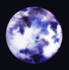 Watercolour illustration of a full moon with visible craters, hand painted in blue tones, lunar surface texture, celestial space art as a boho magic symbol, witchcraft and astrology theme