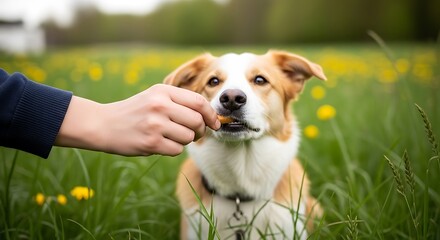 A person's hand feeds a treat to a brown and white dog sitting in a grassy field with yellow flowers.