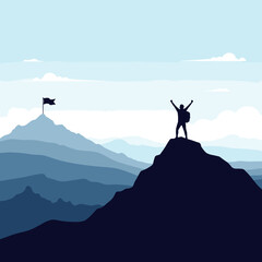 Triumph atop majestic peaks a lone adventurer celebrates summit success under a serene sky with distant flags marking the journey