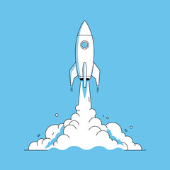 Obraz premium A sleek white rocket ship blasting off into the clear blue sky creating a large cloud of white smoke and fire