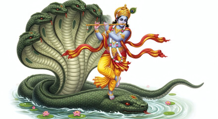 Krishna Dancing on Kaliya, The Hindu God of Love and Devotion depicted standing on a multi headed cobra ,Krishna slaying Kaliya, mythological imagery, Hindu deity