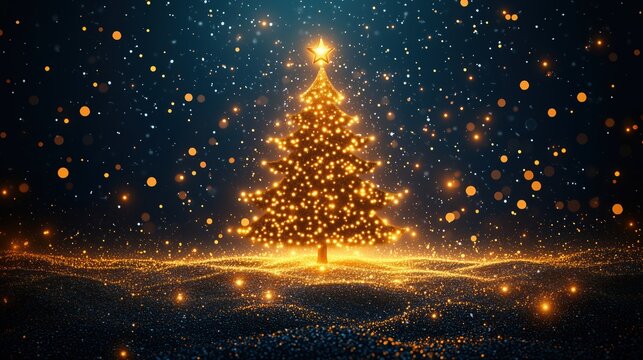 Abstract Christmas tree with gold particles and glowing garlands on a dark blue background. Festive background design. Space for text copy.
