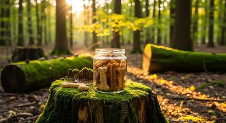 A glass jar filled with bone-shaped dog biscuits sits on a mossy tree stump in a sunlit forest, with fallen logs in the background.