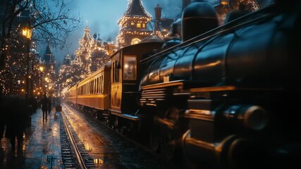 A steam train pulls into a beautifully decorated, snowy train station at night, lit by warm Christmas lights
